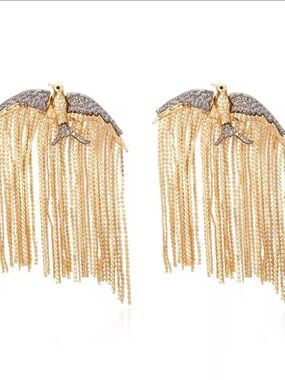 Gold and Silver Bird Fringe Statement Earrings